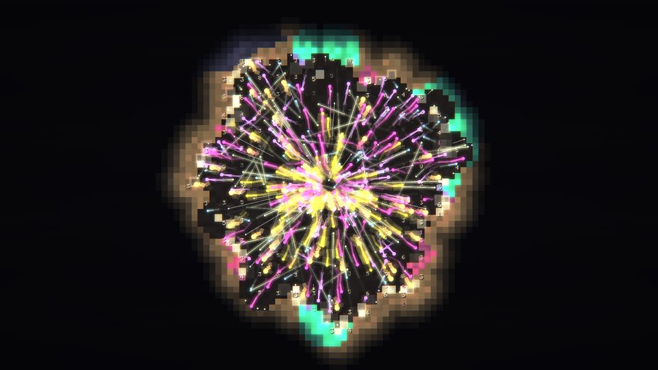 Dozens of balls at once inside a carved cave, their yellow and magenta flight paths radiating out from the centre through walls of green flecked rock.