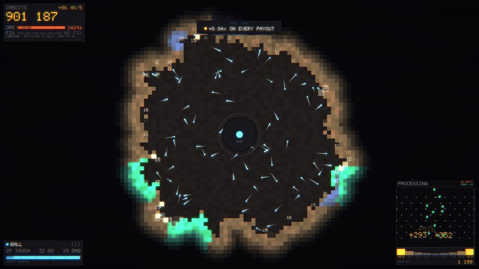 A single blue ball at the centre of a carved cave, white flight lines spraying outward to the rock face. A credits counter and an ore rate sit in the top left.