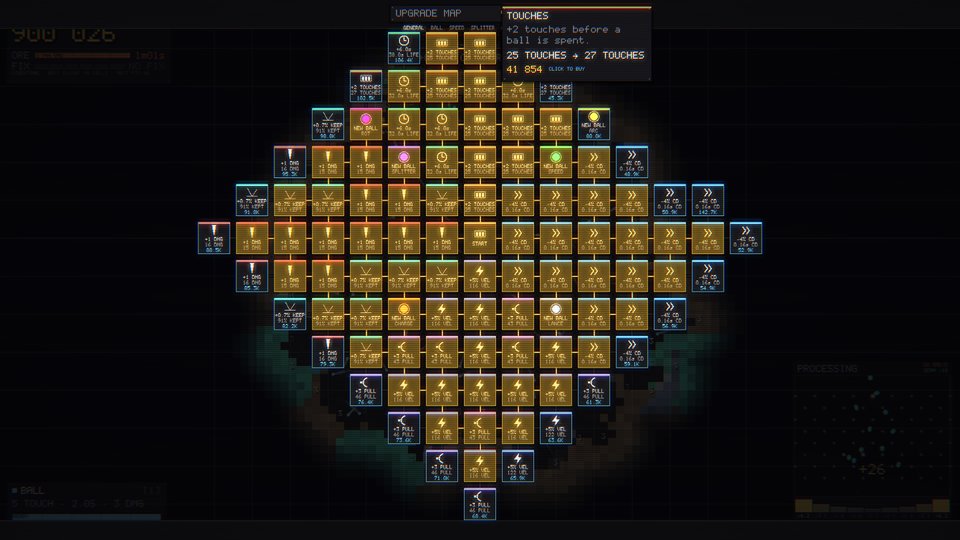 The upgrade map open over the cave: a diamond lattice of orange and blue upgrade tiles, with a detail panel on the right describing what one more touch is worth.