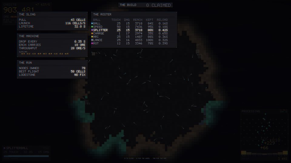 The run readout. Panels on the left list the sling, the machine and the run, and the roster panel on the right shows each ball with its touch, damage, reach and reload figures.