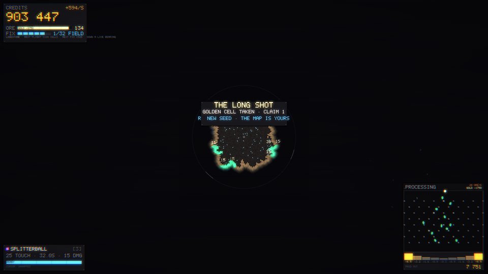 A small early cave under a banner reading The Long Shot, golden cell taken, claim one.