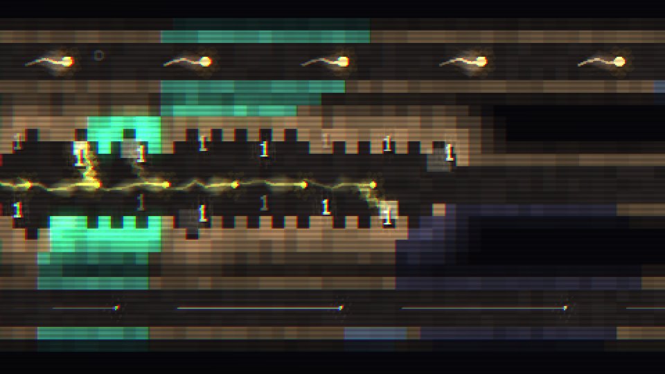 A close view of two carved corridors, balls running along them leaving bright trails, with ore blocks numbered where they will break.