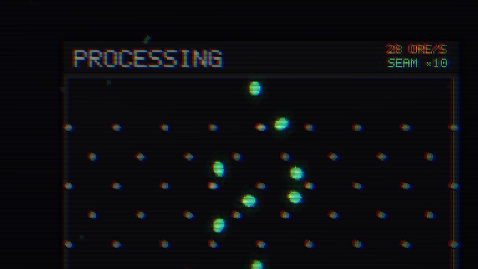 The processing panel: ore dots falling through a dark field, with an ore per second readout and a seam bonus in the corner.