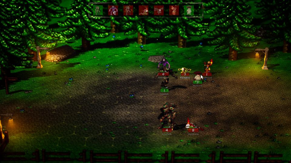 Grid combat inside a forest rift at night. Two armies of unit stacks face each other on a hex grid, with the turn order banner across the top of the screen.
