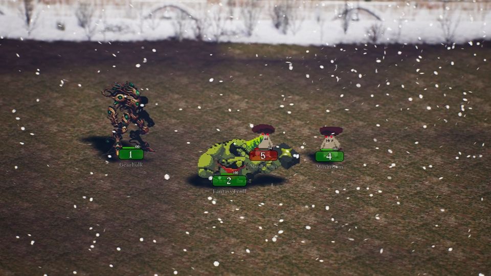 Grid combat in a snowbound rift. Stacks of units stand on the grid with their stack counts and names shown beneath them.