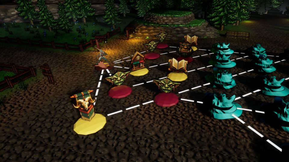 The run node map. Dotted paths branch between fight, shop, story event and boss nodes across a forest clearing.