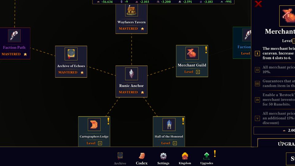 The kingdom upgrade tree. Buildings including the Wayfarers Tavern, Archive of Echoes, Runic Anchor and Merchant Guild are linked by upgrade paths, with a detail panel open on the right.