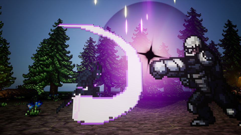 A spell at peak effect. A large purple crescent of energy sweeps across two pixel art units, HUD hidden.
