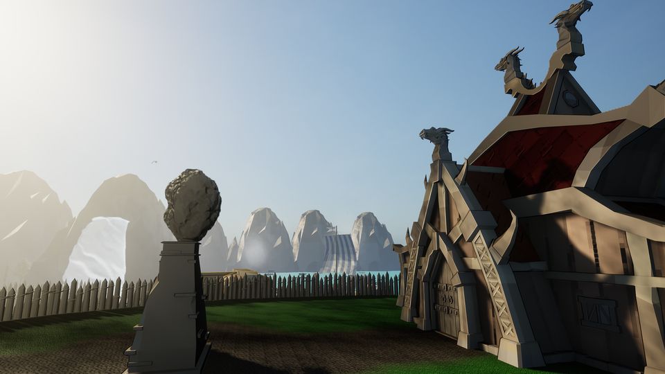 A carved timber longhouse on a headland, looking out over a fjord and mountains in morning haze.